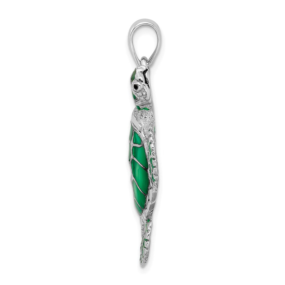 Sterling Silver De-Ani Rhodium-Plated Polished Enameled Green Sea Turtle Pendant