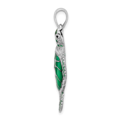 Sterling Silver De-Ani Rhodium-Plated Polished Enameled Green Sea Turtle Pendant