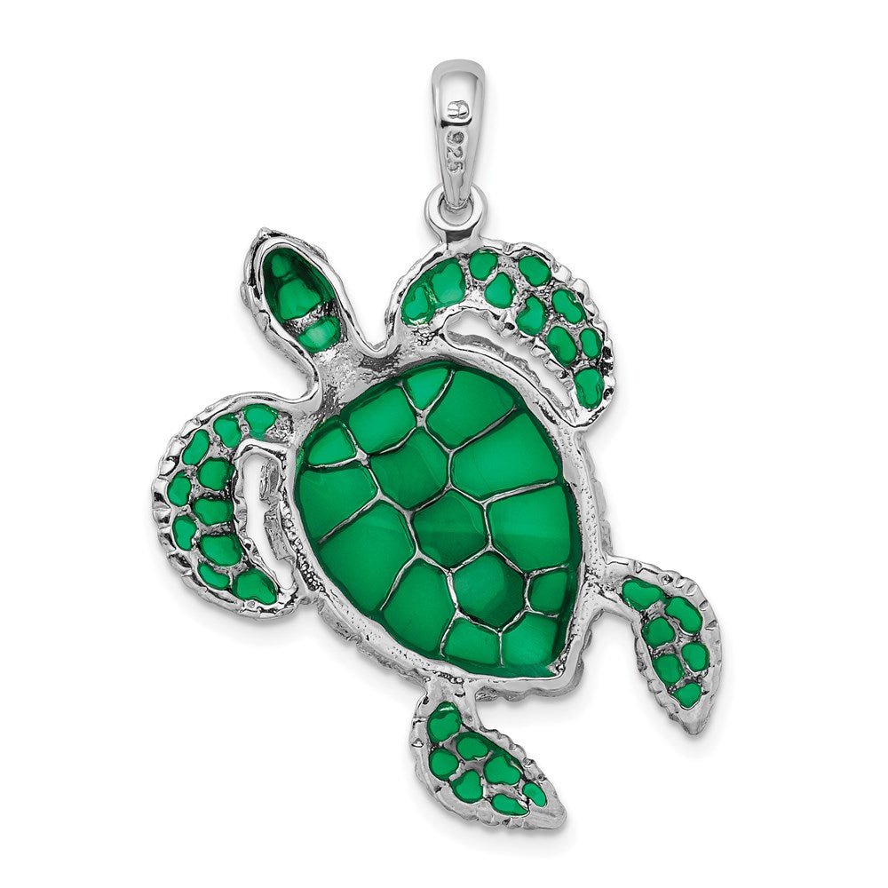 Sterling Silver De-Ani Rhodium-Plated Polished Enameled Green Sea Turtle Pendant