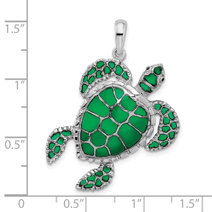 Sterling Silver De-Ani Rhodium-Plated Polished Enameled Green Sea Turtle Pendant