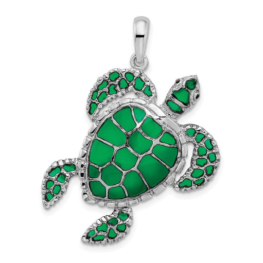 Sterling Silver De-Ani Rhodium-Plated Polished Enameled Green Sea Turtle Pendant