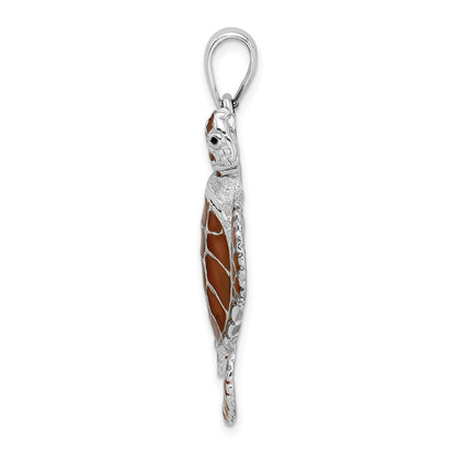 Sterling Silver De-Ani Rhodium-Plated Polished Enameled Brown Sea Turtle Pendant