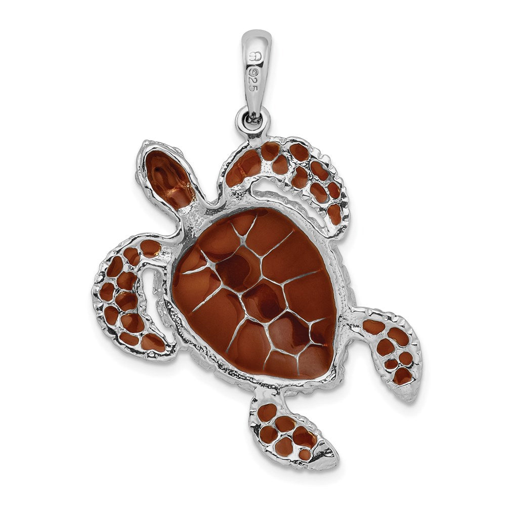 Sterling Silver De-Ani Rhodium-Plated Polished Enameled Brown Sea Turtle Pendant
