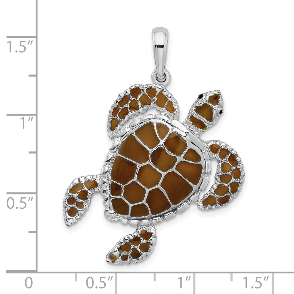 Sterling Silver De-Ani Rhodium-Plated Polished Enameled Brown Sea Turtle Pendant