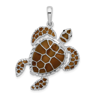 Sterling Silver De-Ani Rhodium-Plated Polished Enameled Brown Sea Turtle Pendant