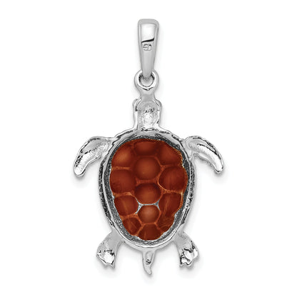 Sterling Silver De-Ani Rhodium-Plated Polished Enameled Brown Sea Turtle Pendant