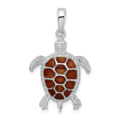 Sterling Silver De-Ani Rhodium-Plated Polished Enameled Brown Sea Turtle Pendant