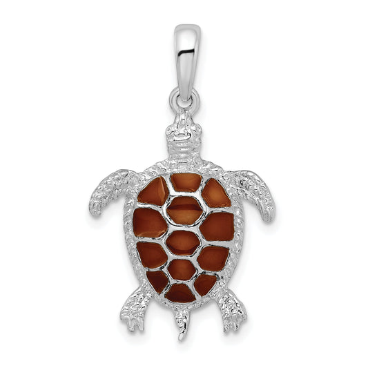 Sterling Silver De-Ani Rhodium-Plated Polished Enameled Brown Sea Turtle Pendant