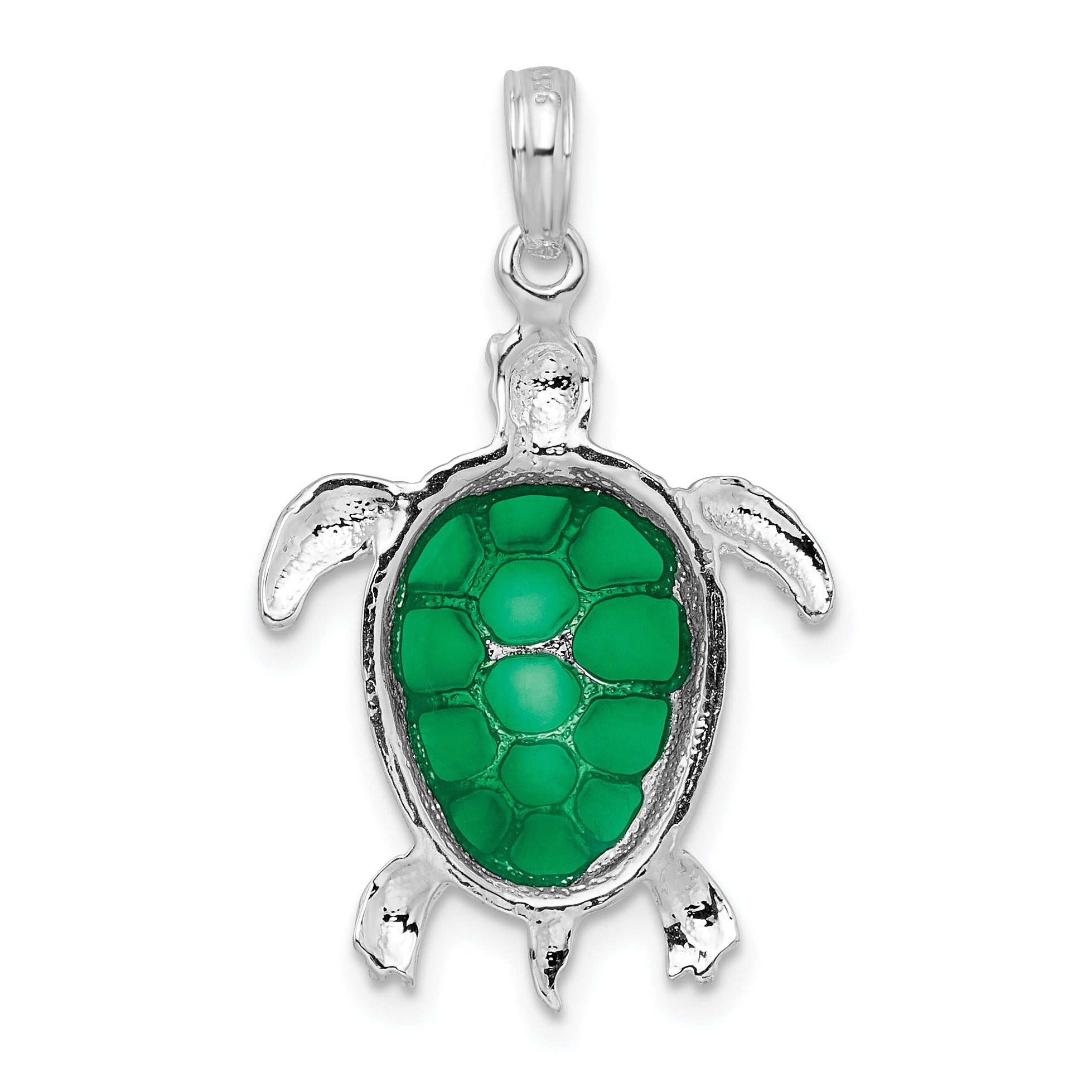 Sterling Silver De-Ani Rhodium-Plated Polished Enameled Green Sea Turtle Pendant