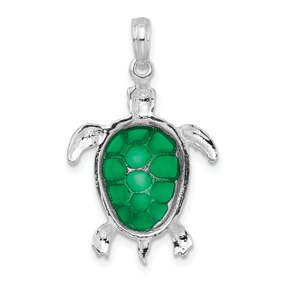 Sterling Silver De-Ani Rhodium-Plated Polished Enameled Green Sea Turtle Pendant