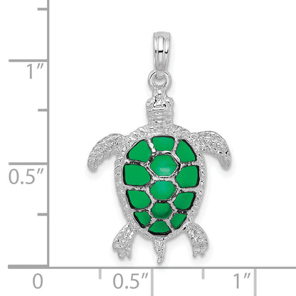 Sterling Silver De-Ani Rhodium-Plated Polished Enameled Green Sea Turtle Pendant
