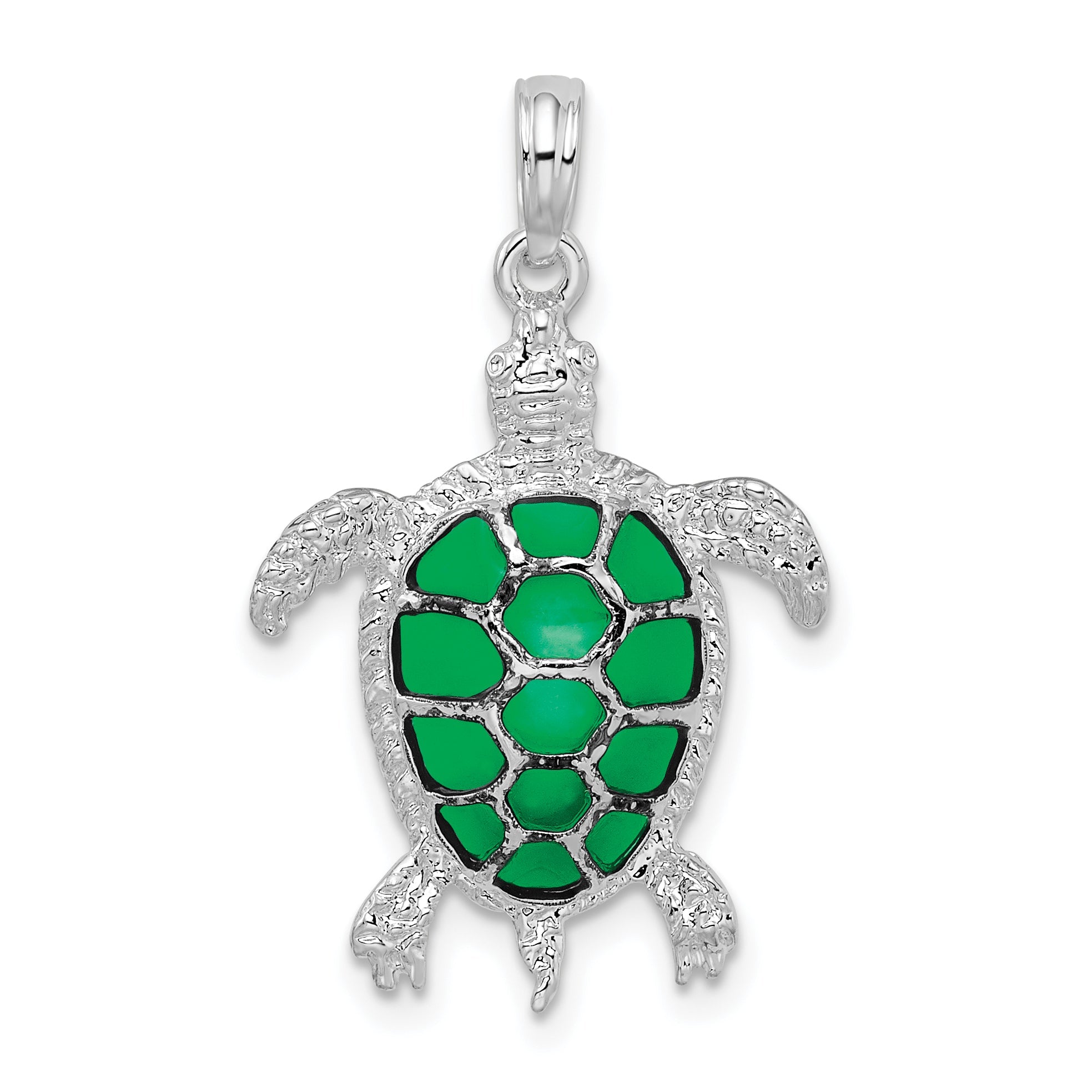Sterling Silver De-Ani Rhodium-Plated Polished Enameled Green Sea Turtle Pendant
