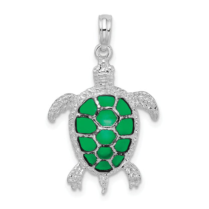 Sterling Silver De-Ani Rhodium-Plated Polished Enameled Green Sea Turtle Pendant