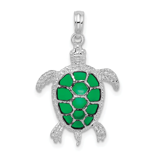 Sterling Silver De-Ani Rhodium-Plated Polished Enameled Green Sea Turtle Pendant