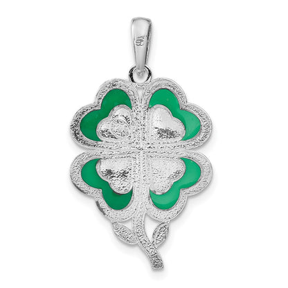 Sterling Silver De-Ani Rhodium-Plated Polished Enameled 4-Leaf Clover Pendant