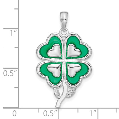 Sterling Silver De-Ani Rhodium-Plated Polished Enameled 4-Leaf Clover Pendant