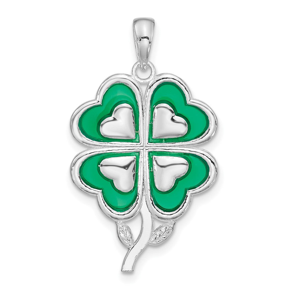 Sterling Silver De-Ani Rhodium-Plated Polished Enameled 4-Leaf Clover Pendant
