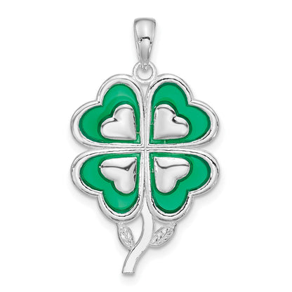 Sterling Silver De-Ani Rhodium-Plated Polished Enameled 4-Leaf Clover Pendant