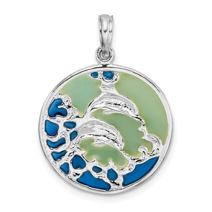 Sterling Silver De-Ani Rhodium-Plated Polished Enameled Dolphins Pendant