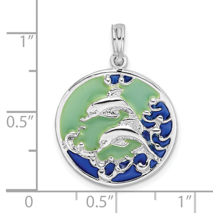 Sterling Silver De-Ani Rhodium-Plated Polished Enameled Dolphins Pendant