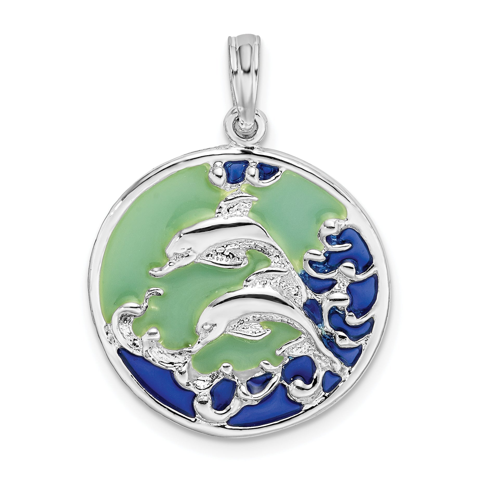Sterling Silver De-Ani Rhodium-Plated Polished Enameled Dolphins Pendant