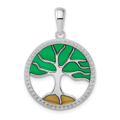 Sterling Silver De-Ani Rhodium-Plated Polished Enameled Tree Of Life Pendant