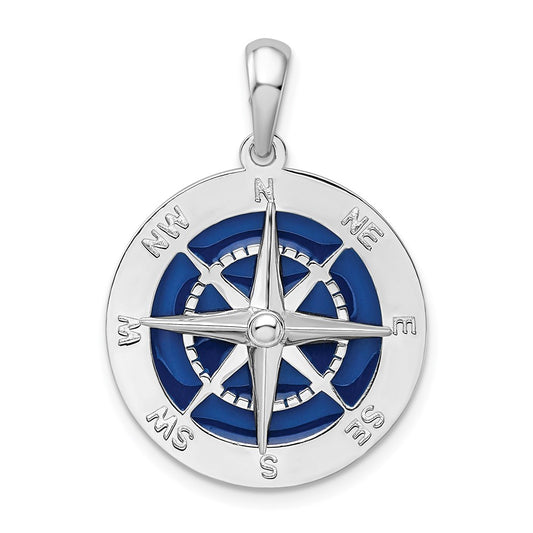 Sterling Silver De-Ani Rhodium-Plated Polished Enameled Large Compass Pendant