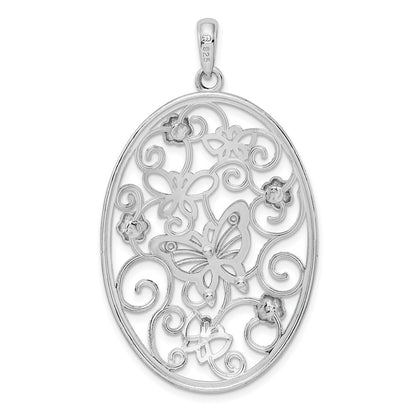 Sterling Silver De-Ani Rhodium-Plated Polished Oval Butterflies Pendant