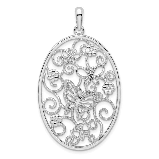 Sterling Silver De-Ani Rhodium-Plated Polished Oval Butterflies Pendant