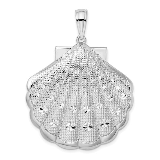Sterling Silver De-Ani Rhodium-Plated Diamond-Cut Large Scallop Shell Pendant