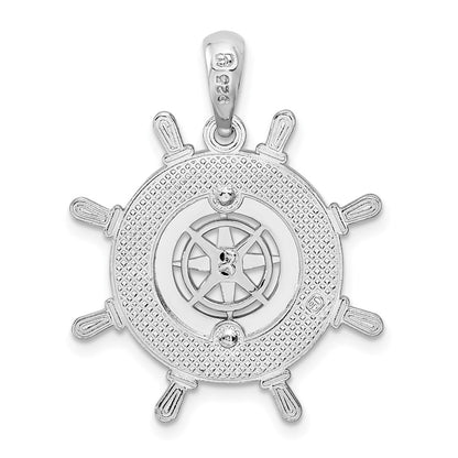 Sterling Silver De-Ani Rhodium-Plated Polished Ships Wheel With Compass Pendant
