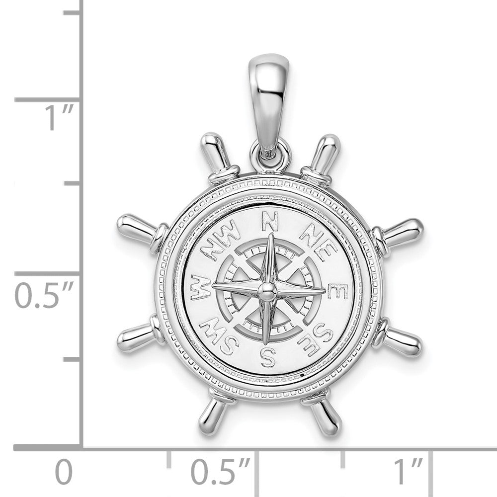 Sterling Silver De-Ani Rhodium-Plated Polished Ships Wheel With Compass Pendant