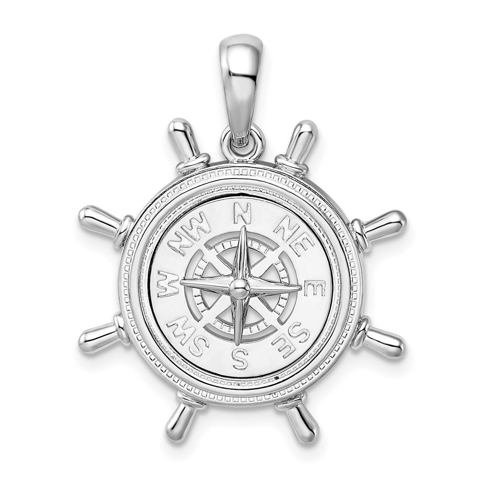 Sterling Silver De-Ani Rhodium-Plated Polished Ships Wheel With Compass Pendant