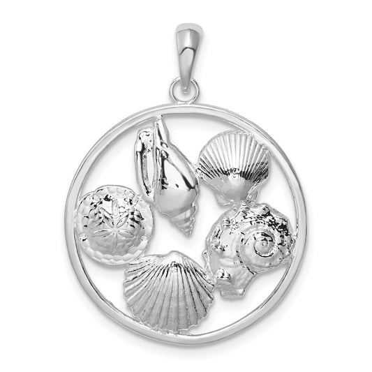 Sterling Silver De-Ani Rhodium-Plated Polished Shells Round Pendant