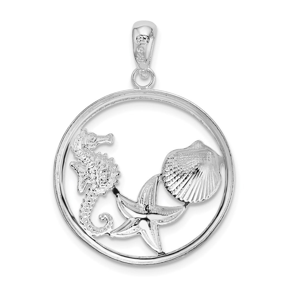 Sterling Silver De-Ani Rhodium-Plated Polished Sea Life Round Pendant