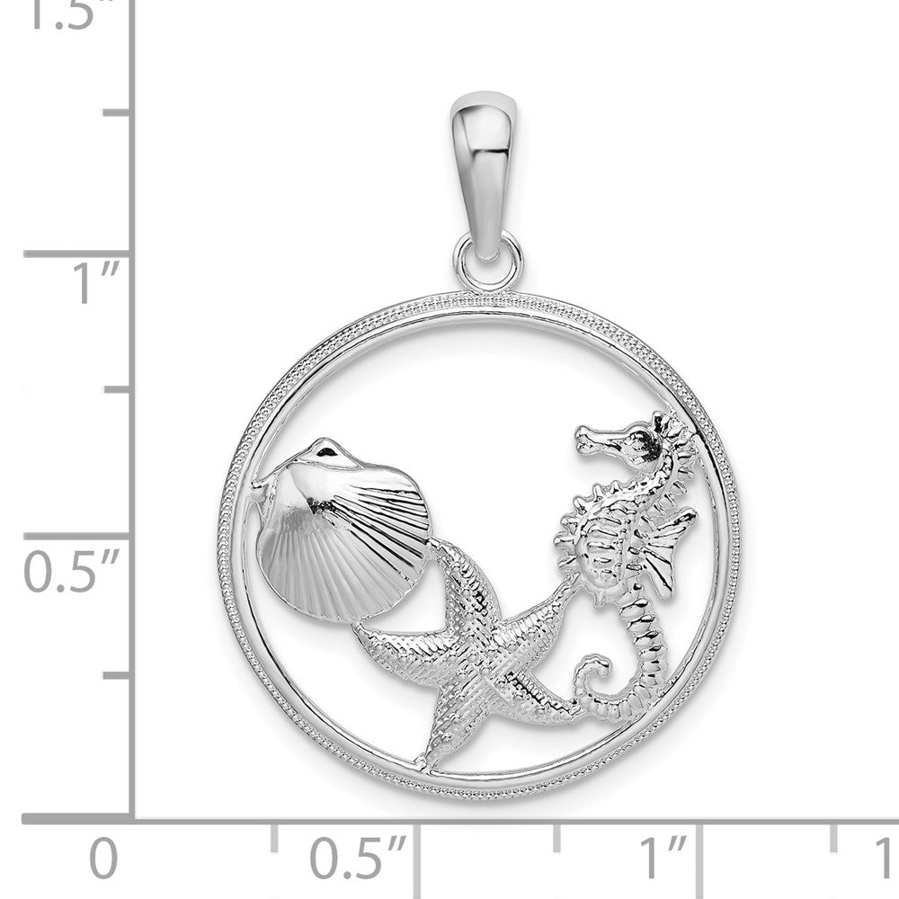 Sterling Silver De-Ani Rhodium-Plated Polished Sea Life Round Pendant