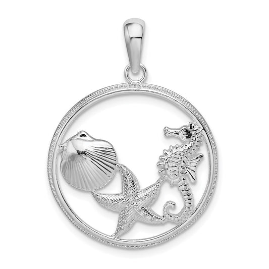 Sterling Silver De-Ani Rhodium-Plated Polished Sea Life Round Pendant