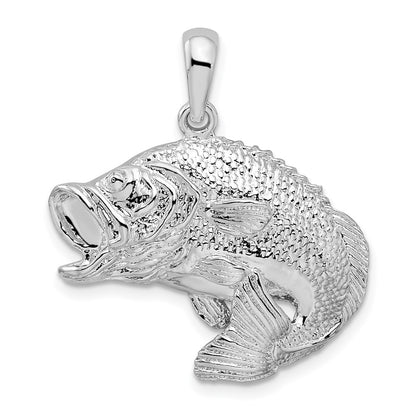 Sterling Silver De-Ani Rhodium-Plated Polished Jumping Bass Fish Pendant