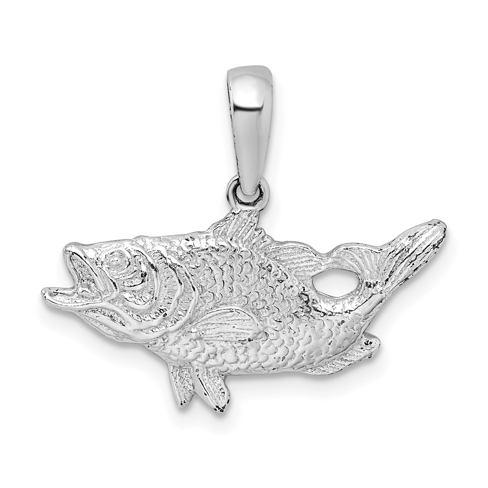 Sterling Silver De-Ani Rhodium-Plated Polished Open Mouth Bass Fish Pendant