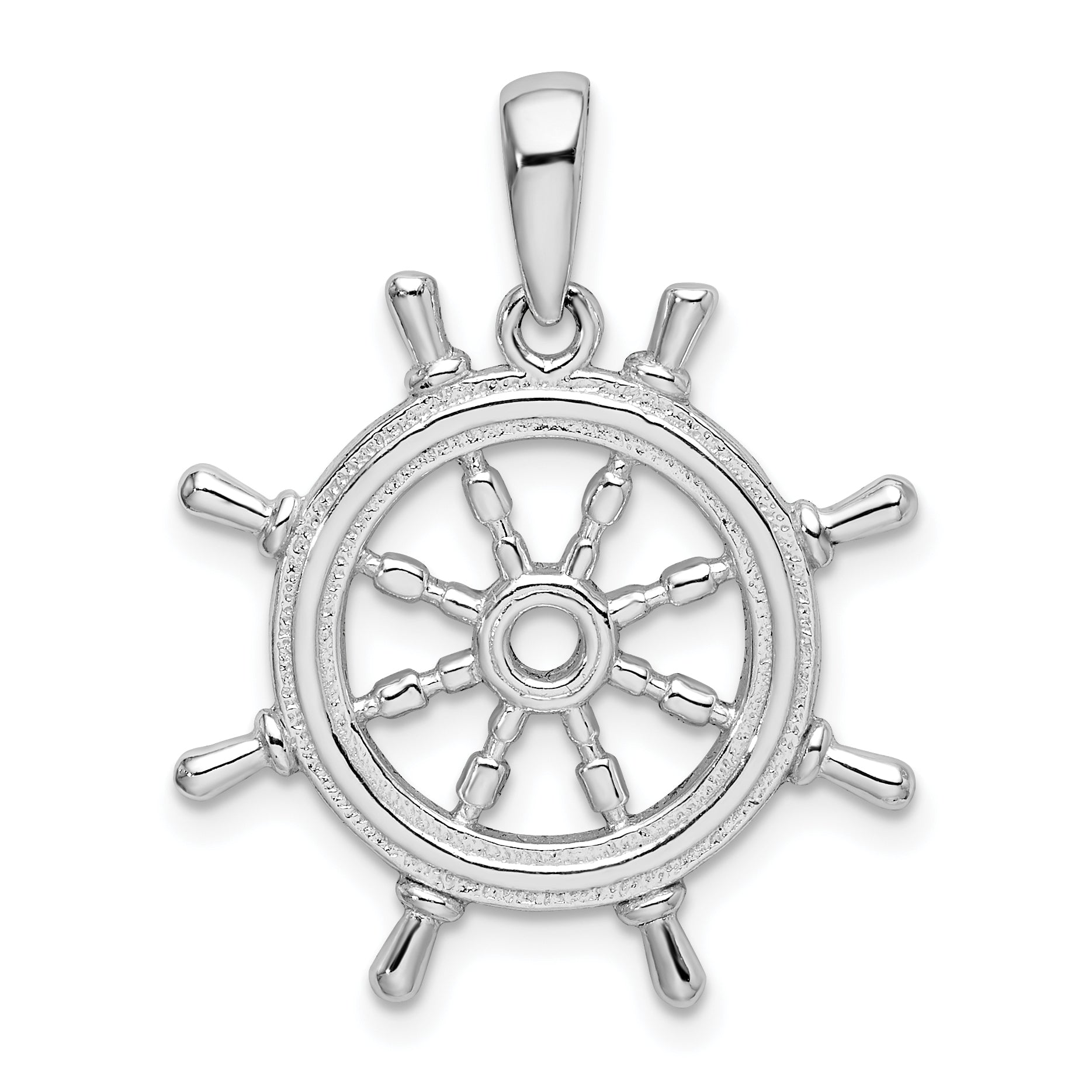 Sterling Silver De-Ani Rhodium-Plated Polished Cut-Out 3D Ships Wheel Pendant