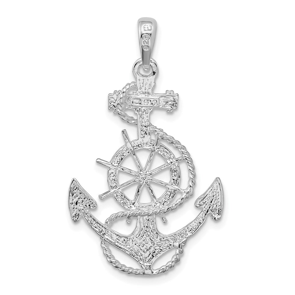 Sterling Silver De-Ani Rhodium-Plated Polished Anchor With Ships Wheel Pendant