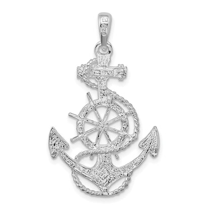 Sterling Silver De-Ani Rhodium-Plated Polished Anchor With Ships Wheel Pendant
