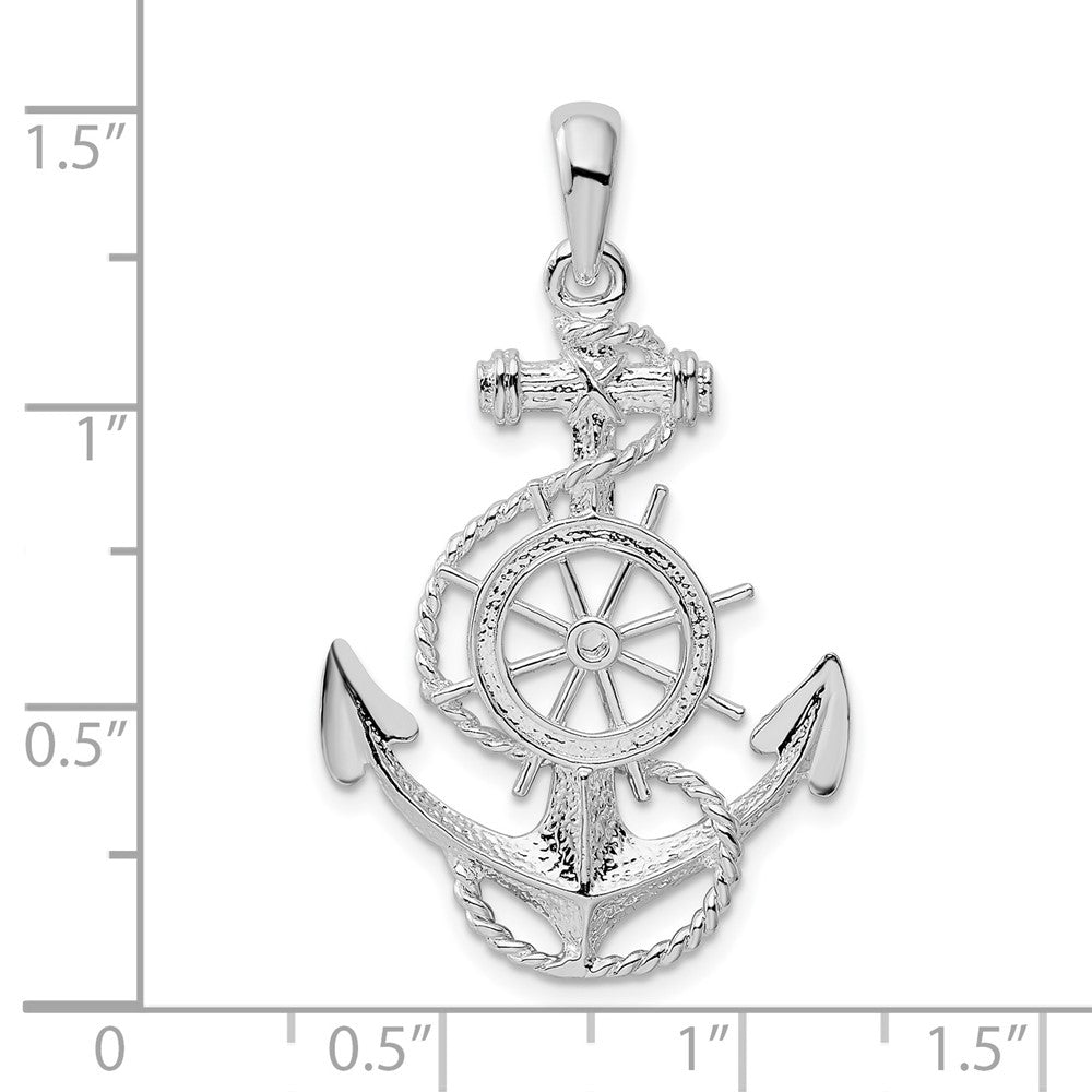 Sterling Silver De-Ani Rhodium-Plated Polished Anchor With Ships Wheel Pendant