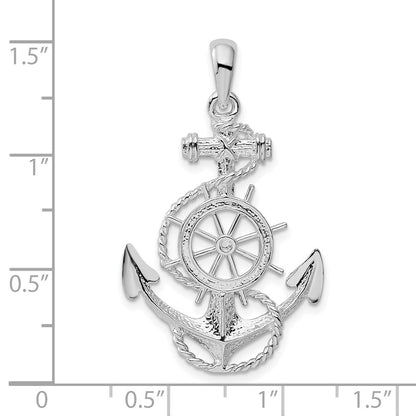 Sterling Silver De-Ani Rhodium-Plated Polished Anchor With Ships Wheel Pendant