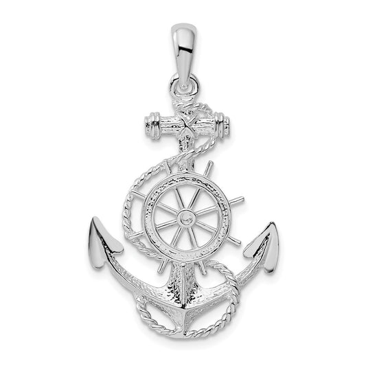 Sterling Silver De-Ani Rhodium-Plated Polished Anchor With Ships Wheel Pendant