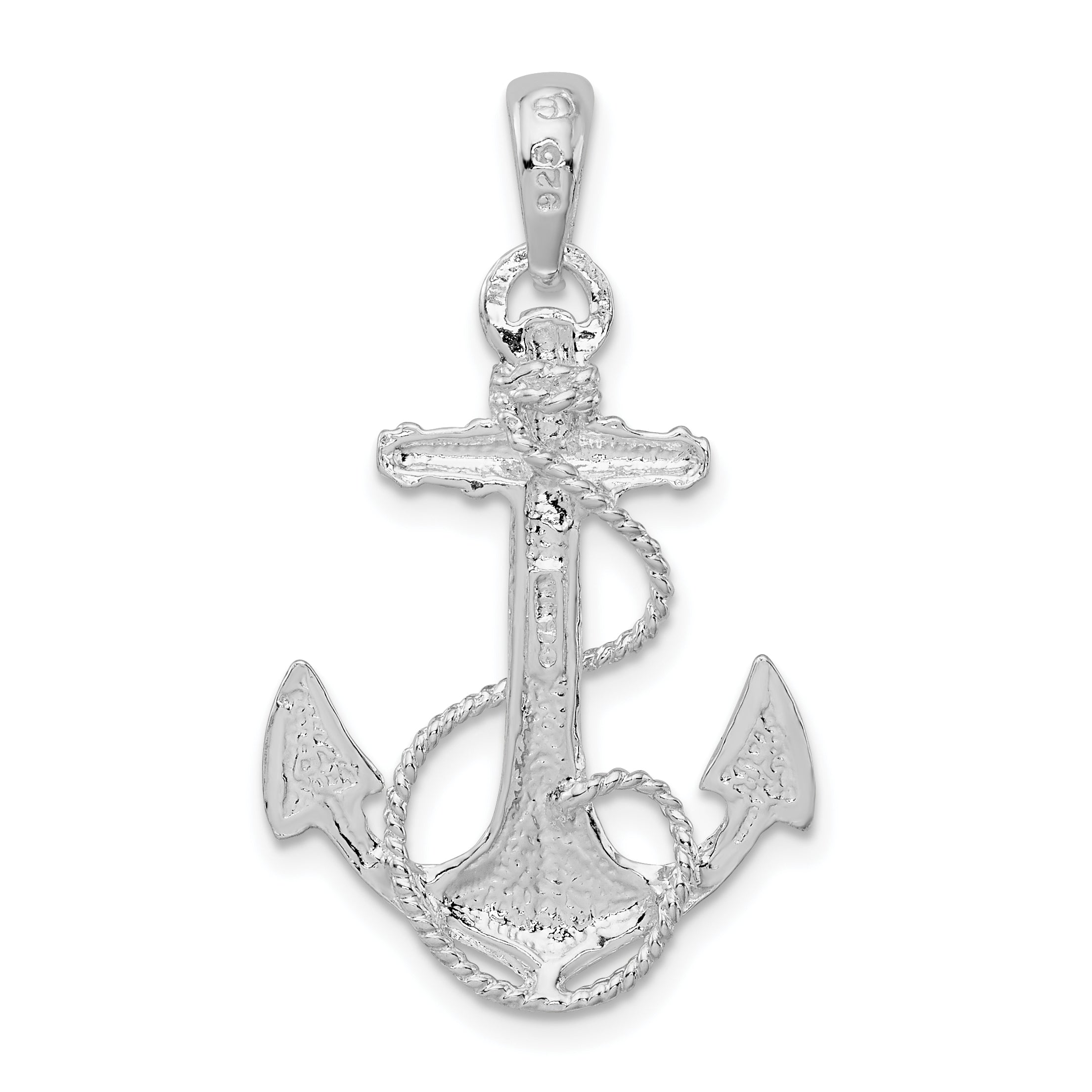 Sterling Silver De-Ani Rhodium-Plated Polished Anchor With Rope Pendant