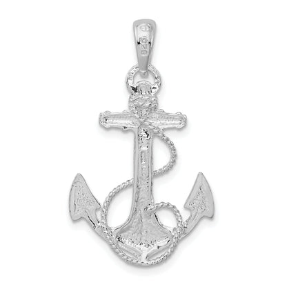 Sterling Silver De-Ani Rhodium-Plated Polished Anchor With Rope Pendant