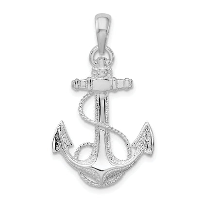 Sterling Silver De-Ani Rhodium-Plated Polished Anchor With Rope Pendant