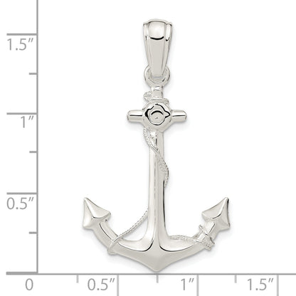 Sterling Silver De-Ani Rhodium-Plated Polished 3D Anchor With Rope Pendant