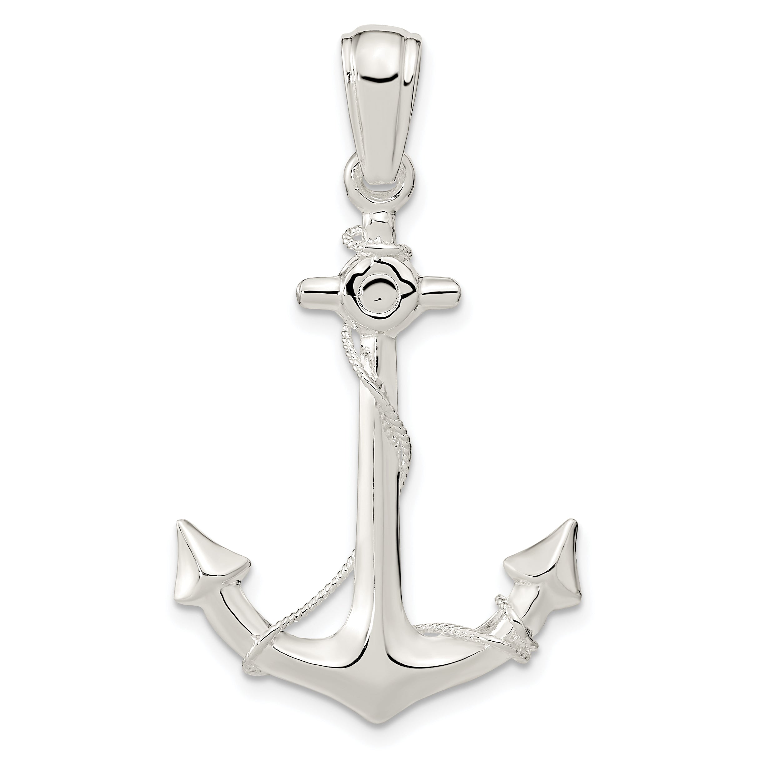 Sterling Silver De-Ani Rhodium-Plated Polished 3D Anchor With Rope Pendant